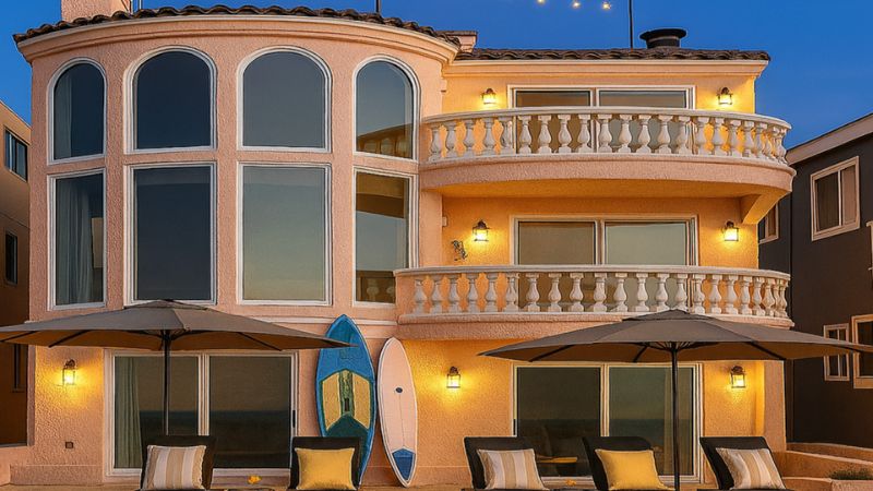 Beachfront villa with arched windows, balconies, and lounge chairs at sunset.