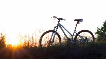 Bicycle on a grassy hill at sunset.